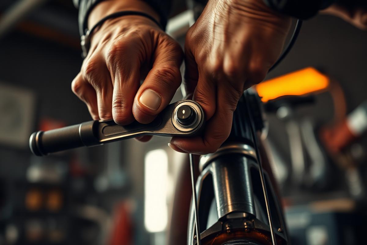 Mechanic's hands tightening a bolt with a torque wrench