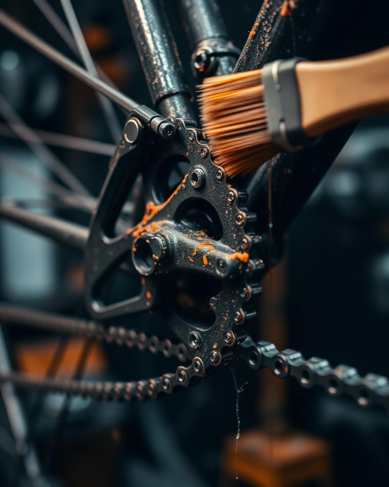 Bicycle derailleur and chain being cleaned in the workshop