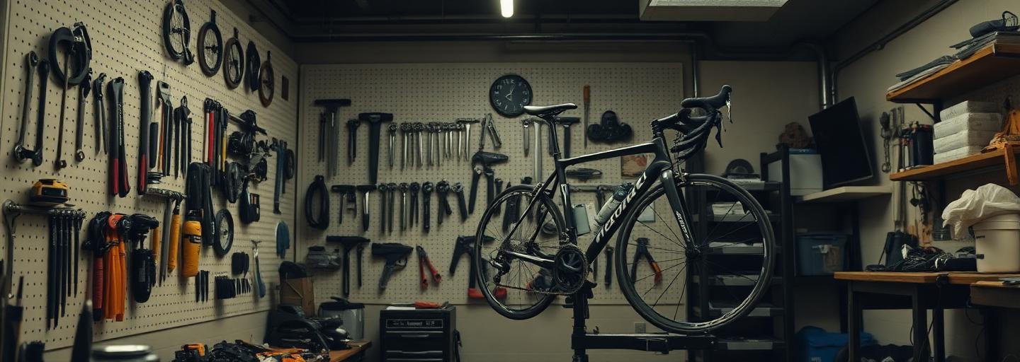 Inside the Rob's Cycles workshop with tools on a pegboard